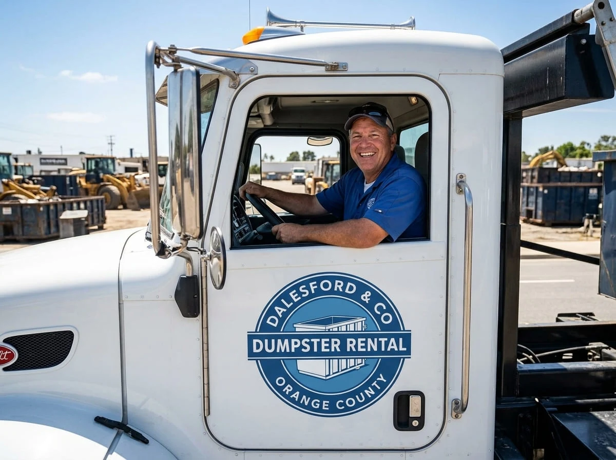 A Dalesford & Co Dumpster Rental Orange County driver ready for delivery in Orange, CA