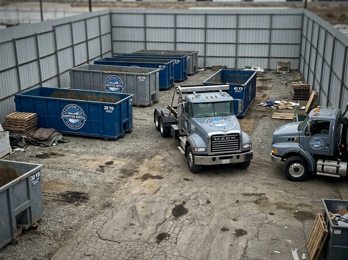 Dalesford & Co Dumpster Rental Orange County roll-off trucks staged at our Orange, CA yard, ready for delivery
