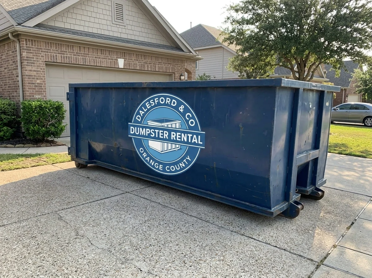 A Dalesford & Co Dumpster Rental Orange County roll-off container loaded and ready for pickup on a residential driveway in Orange, CA