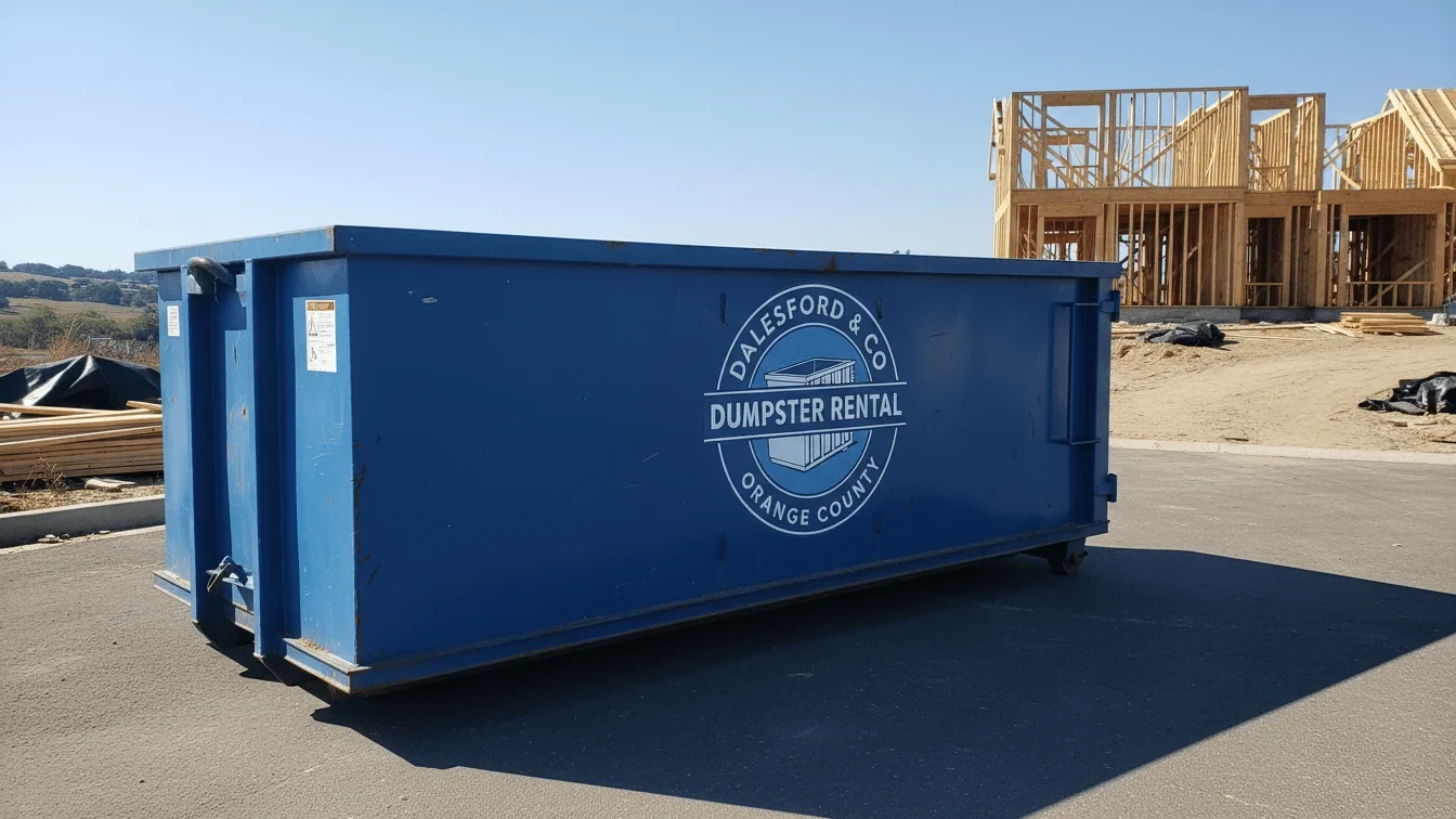 Dalesford & Co Dumpster Rental Orange County blue roll-off dumpster delivered to a residential driveway in Orange, CA