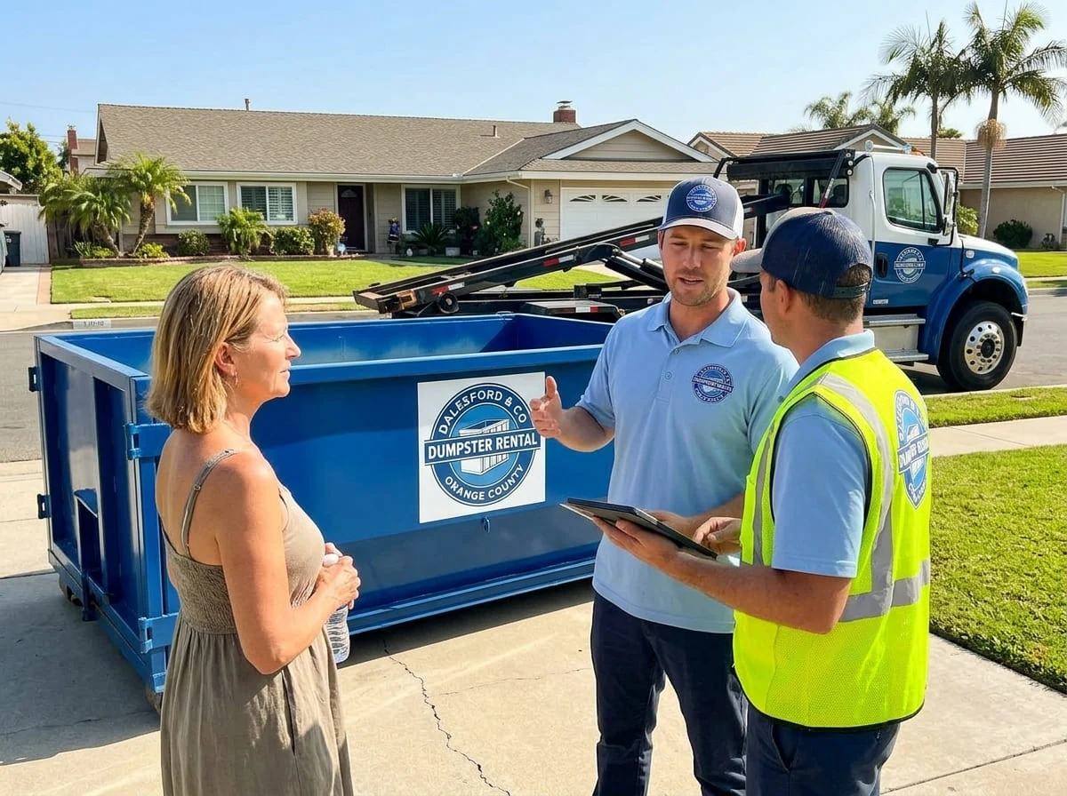 A Dalesford & Co Dumpster Rental Orange County crew member reviewing delivery details with a customer at a Orange, CA jobsite