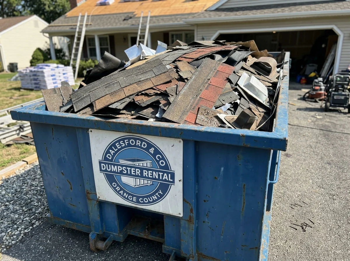Dumpster loaded with roofing debris for proper disposal in Orange, CA